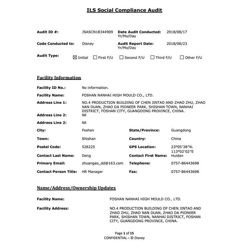 China Plastic Injection Molding Company Certificate